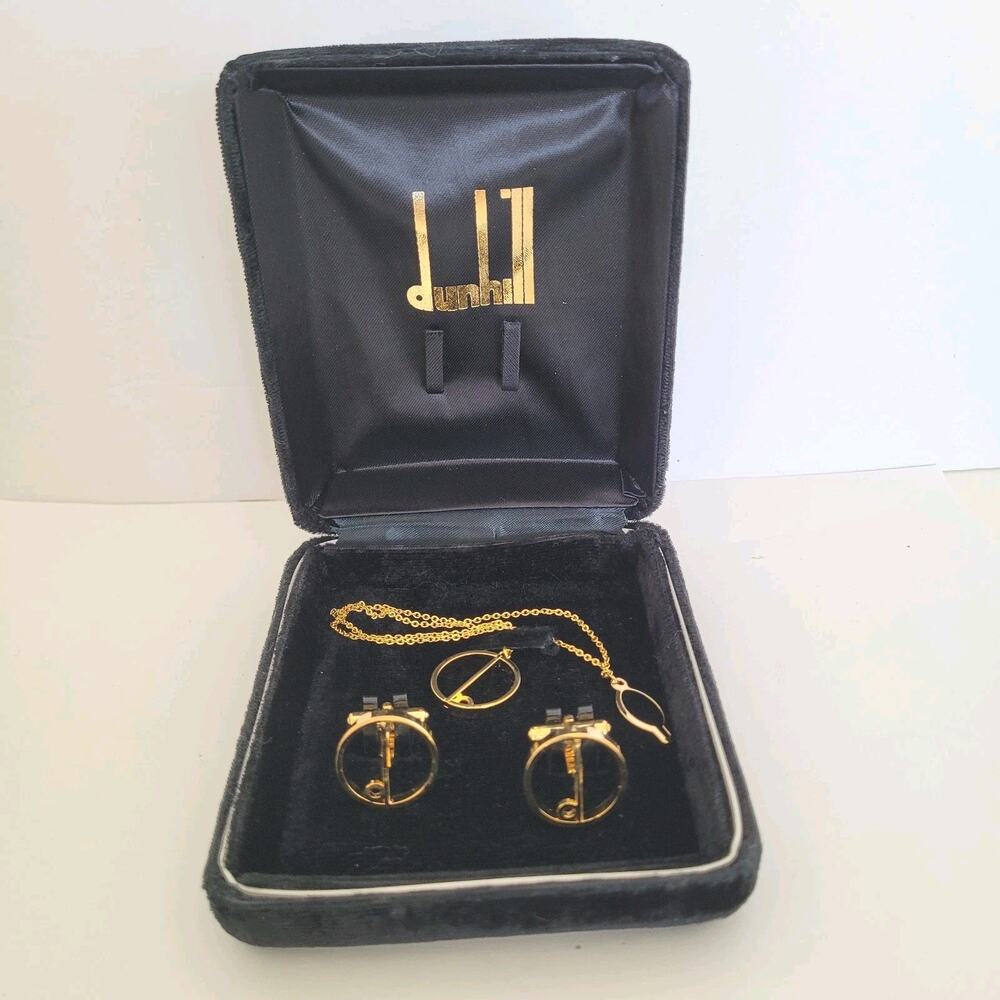 Dunhill Cufflinks Tie Charm Chain Set Gold Tone Logo Round Logo Vintage‎ Box